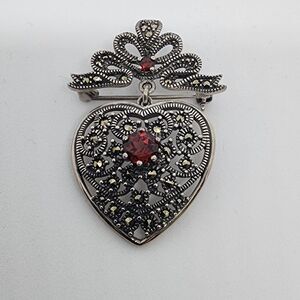 925‎ Sterling Silver Garnet Gem Marcacites Heart Brooch Pin Necklace Pendant